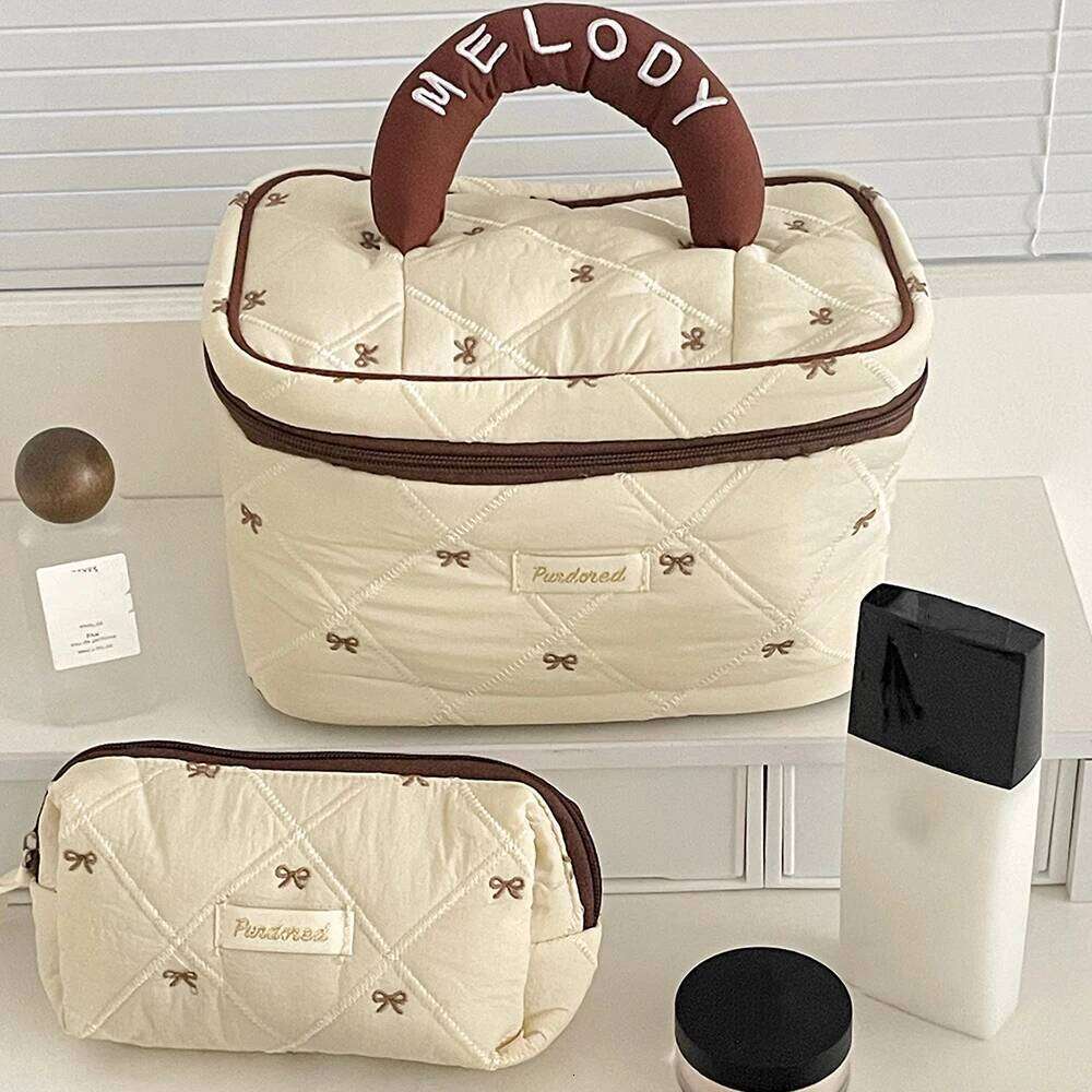 Fashion Brown Bow Cake Women Makeup Zipper Bag Large Capacity Tote Organizer Toiletry Cosmetic Pouch Ladies Make Up Handbag Y260206