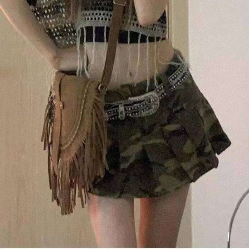 Pleated Skirts for Women American Style Vintage Clothing Summer Camouflage High Street Fit Students All-match Young Sexy Chic XJ260206