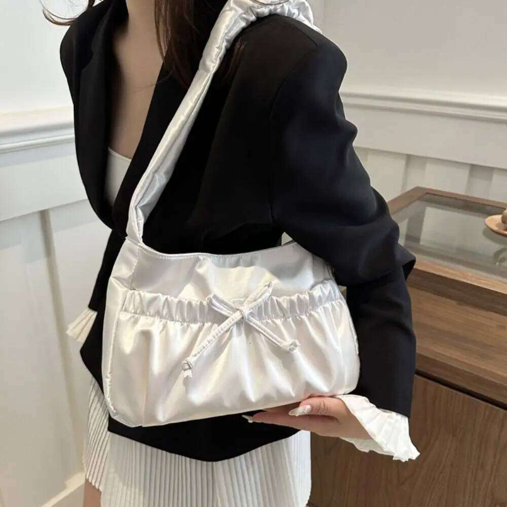 Cool Satin Pleated Hand Bow Korean Style INS Shoulder Luxury Portable Fashion Underarm Bag Outdoor Y260205