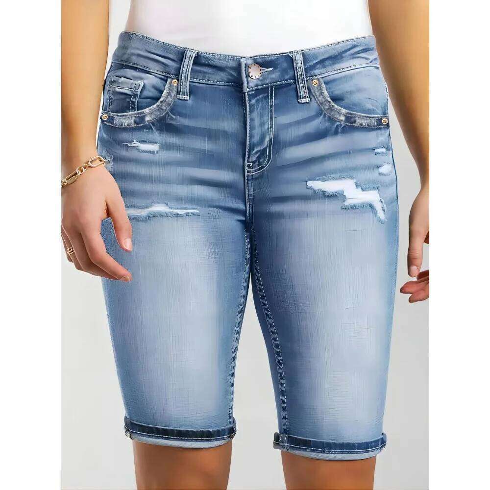 Hole Denim Shorts Women High Waist Solid Short Pants Basic Slim Fit Jeans Office Lady Button Pocket Skinny Casual Elegant XJ260206