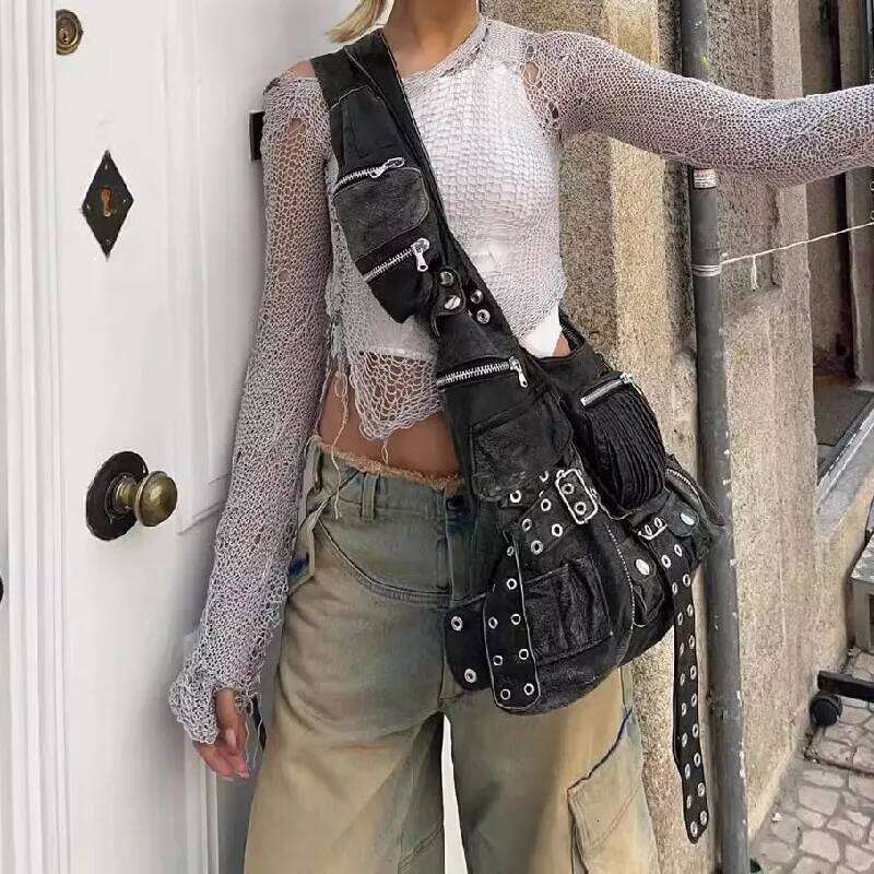 NEW Leather One Shoulder Bag For Women Fashion 2023 New Trendy Double Pockets Patchwork Rivet Underarm Bags Female Z260207 - view 3