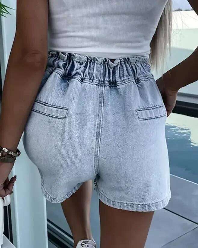 New Fashion 2023 Summer Casual Bottom Rhinestone Pocket Design Denim High Waist Shorts Female Clothing Outfits XJ260206