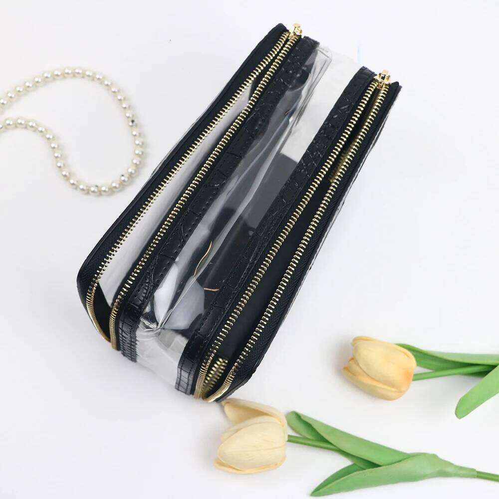Customized name PU leather + transparent TPU toiletry travel portable makeup bag, large-capacity waterproof storage bag Y260206