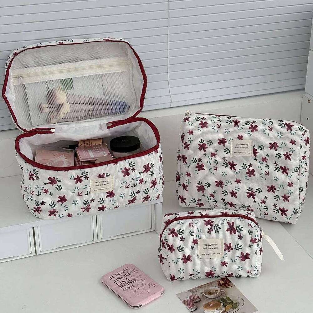 Fashion Red Floral Tote Women's Large Capacity Cosmetic Storage Handbag Ladies Corduroy Pouch Makeup Clutch Bag Y260206