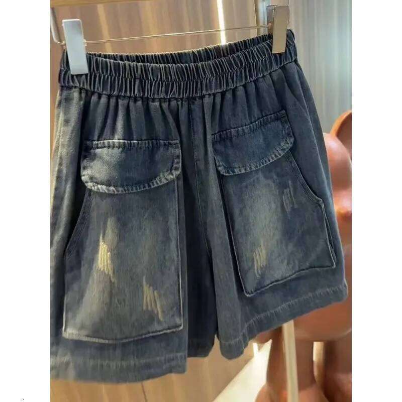 Women's Dark Wash Denim Elastic Waist Distressed Loose Fit Casual Daily Summer Shorts XJ260206
