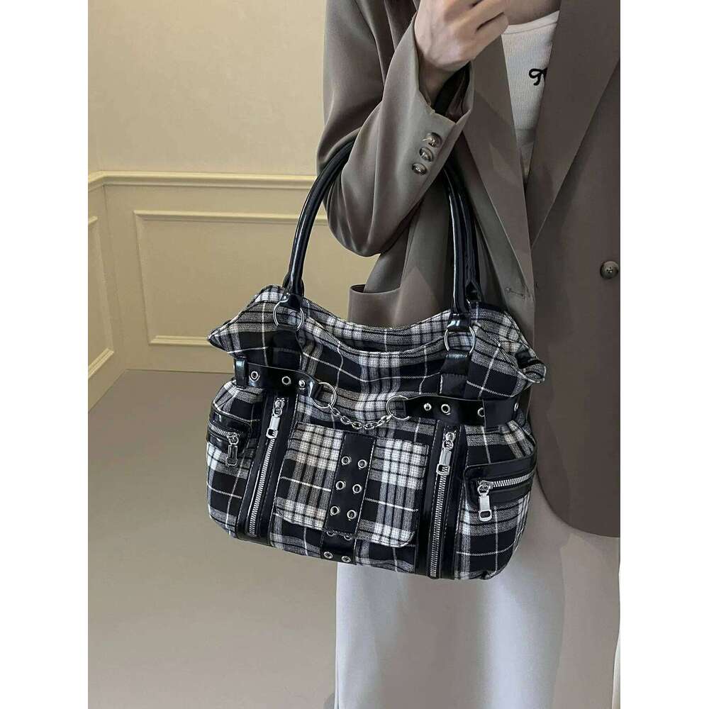 Fashion Trend Grid Gothic Punk Large Capacity Tote Bag2026Canvas Casual Commuter Versatile Shoulder Bag Bolsa De Un Hombro Mujer Z260207 - view 4