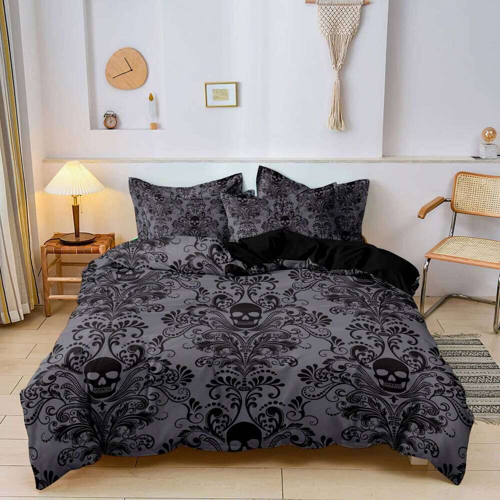 3pcs Soft & Breathable Dark Grey/Black Gothic Victorian Floral Duvet Cover with All-Season Luxury Bed Sheets, Machine Washable XJ260206