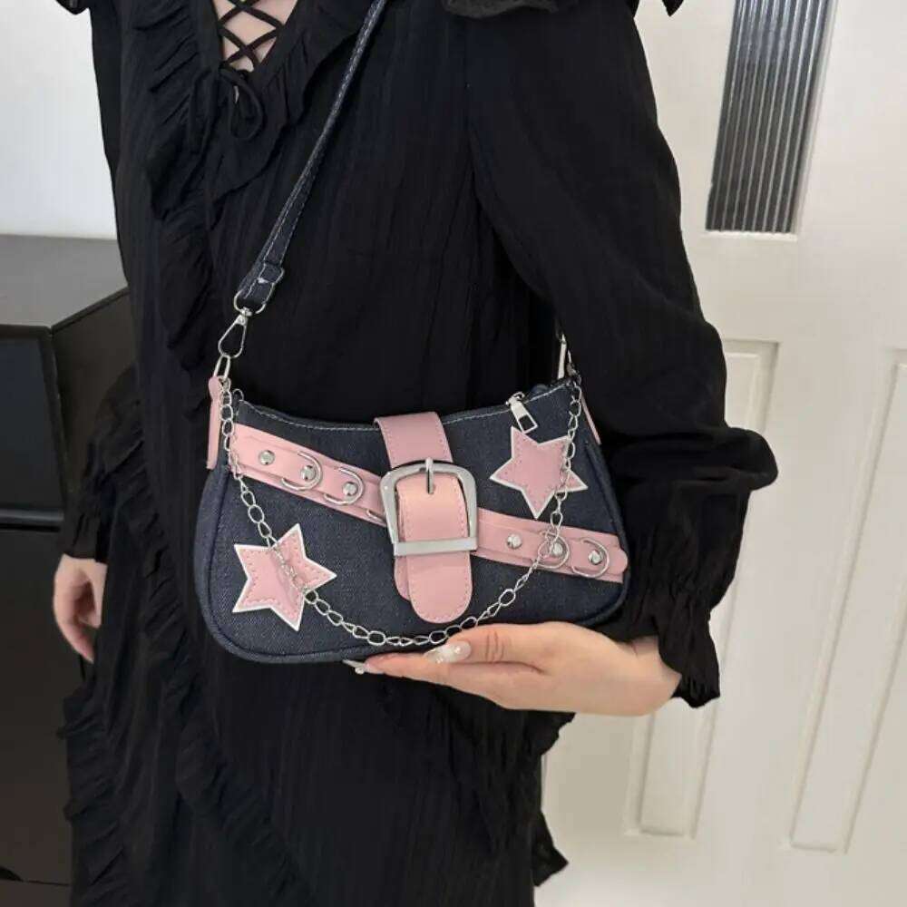 Y2k Women's Handbags Stars Pattern Cool Girls Underarm Bag Fashion Female Small Shoulder Bags Chain Tote Purses Y260205