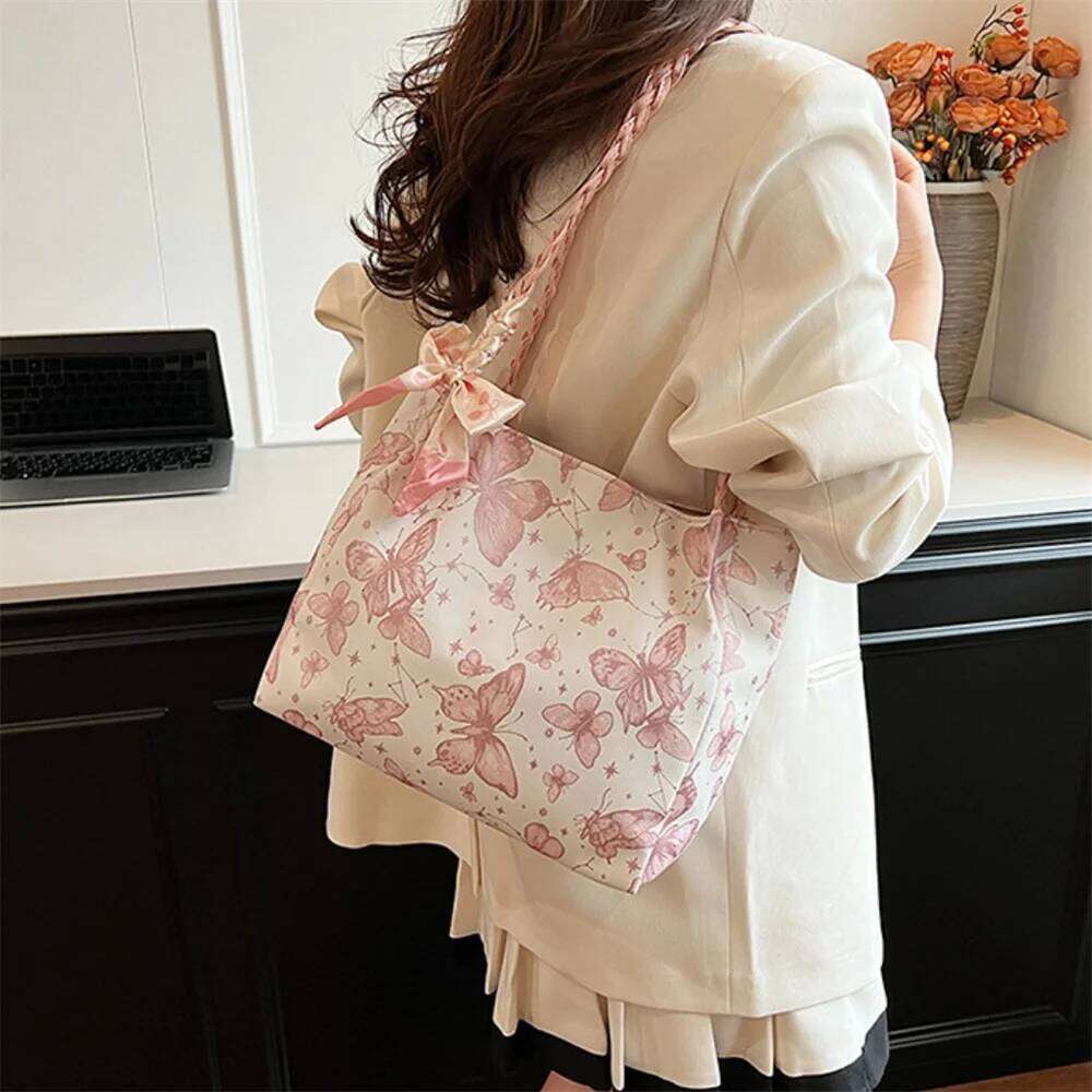 Summer Large Capacity Shoulder Bag Butterfly Print Casual Tote Bags Fashionable Student Commuter Handbag with Ribbon 2025 New Y260205