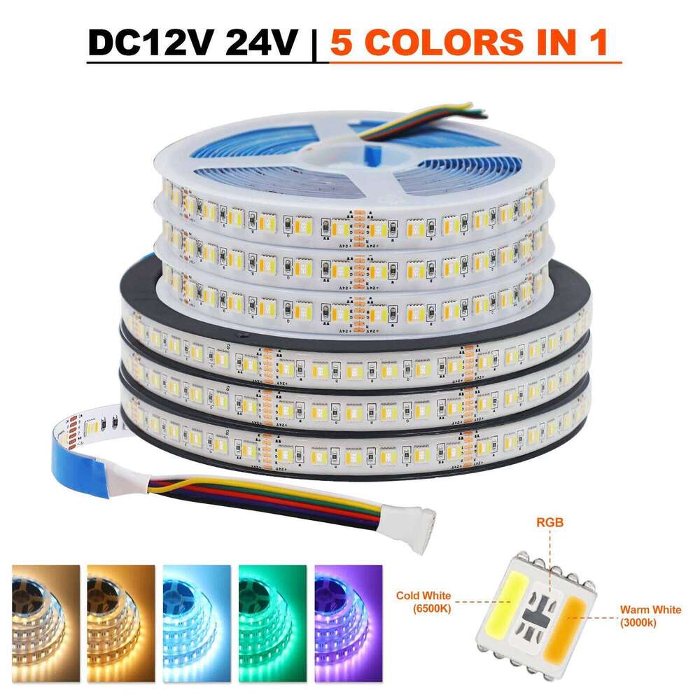 12V 24V Flexible RGB CCT LED Strip Light SMD 5050 5-in-1 Chip 60/96 LEDs/M Rope Tape For Living Room Bedroom Home Decor Z260206