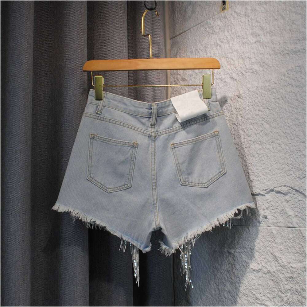 Women Sequined Fringe Denim Summer Rhinestone Pearl Beading Short Jeans Casual Fashion High Waist Female A-line Shorts XJ260206