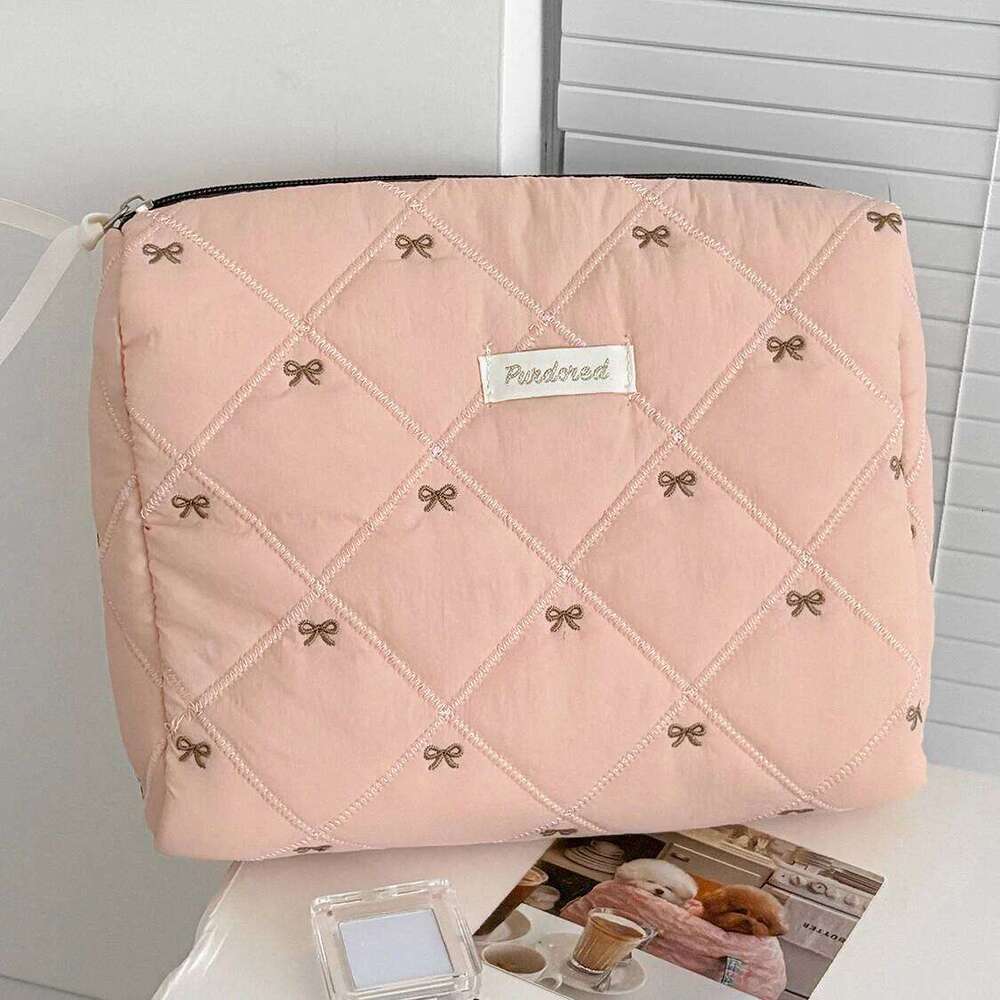 Fashion Women Cartoon Bow Strawberry Print Clutch Bag Portable Quilting Handbag Large Capacity Party Zipper Lady Bags Pouch Y260206
