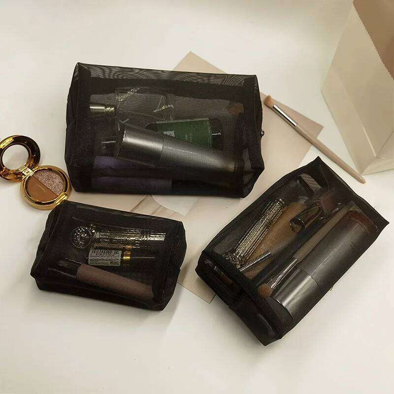 Korea Makeup Bag Transparent Cosmetic Mesh Washbag Black Travel Toiletries Organizer Lipstick Storage Pouch Bags for Women Y260206