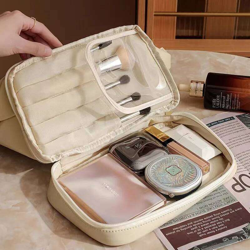 New large capacity waterproof PU cloud makeup Double layered women's portable storage box Wash cosmetic bag Y260206