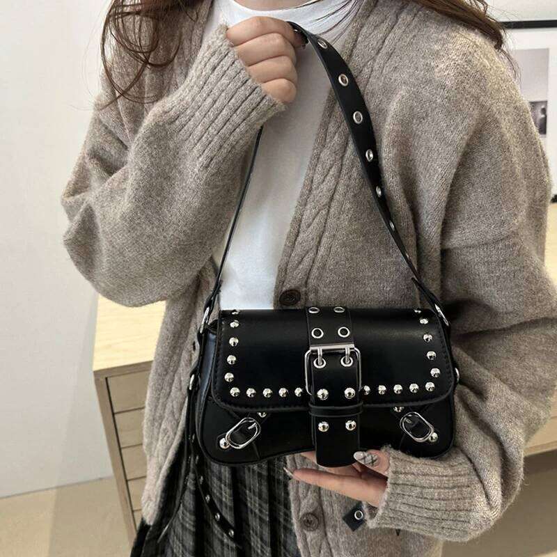 Shoulder Bag for Women Pink Underarm PU Leather Crescent Bags with Rivet Small Y2k Purses Trendy Armpit Purse Y260205