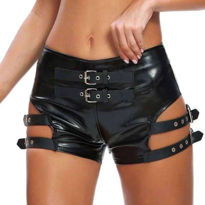 Tight Women Fashion Leather Elastic Hollow Out Shorts Sexy Club Nightclub Mini Trousers Streetwear Y2K 2025 Summer New XJ260206