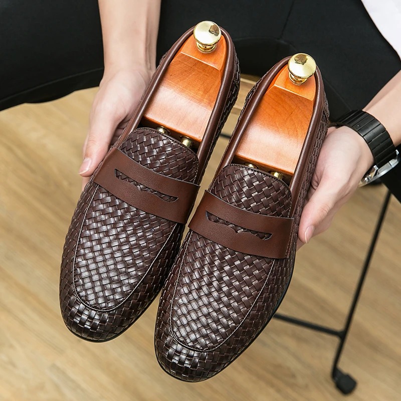 European station fashion bean shoes leather mens slipon loafers classic plaid small 260126