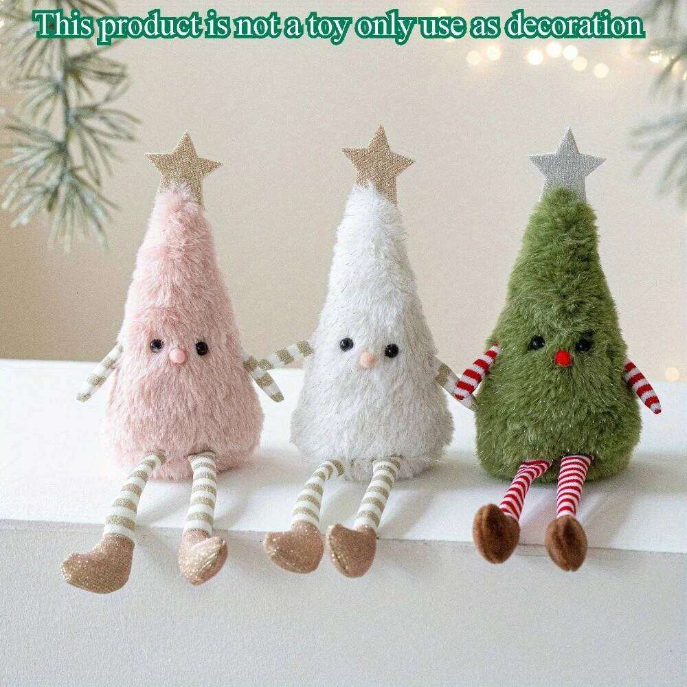 Cute Plush Christmas Tree Figurine Pendant with Stars & Striped Socks Pink,White Green Fabric Holiday Decor for Home Living Room S260204