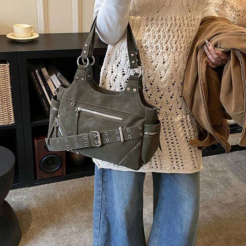 Solid Color Zipper Buckle Casual Tote 2026 High Quality Motorcycle Style Durable Commuting Cool Shoulder Bags Y260205