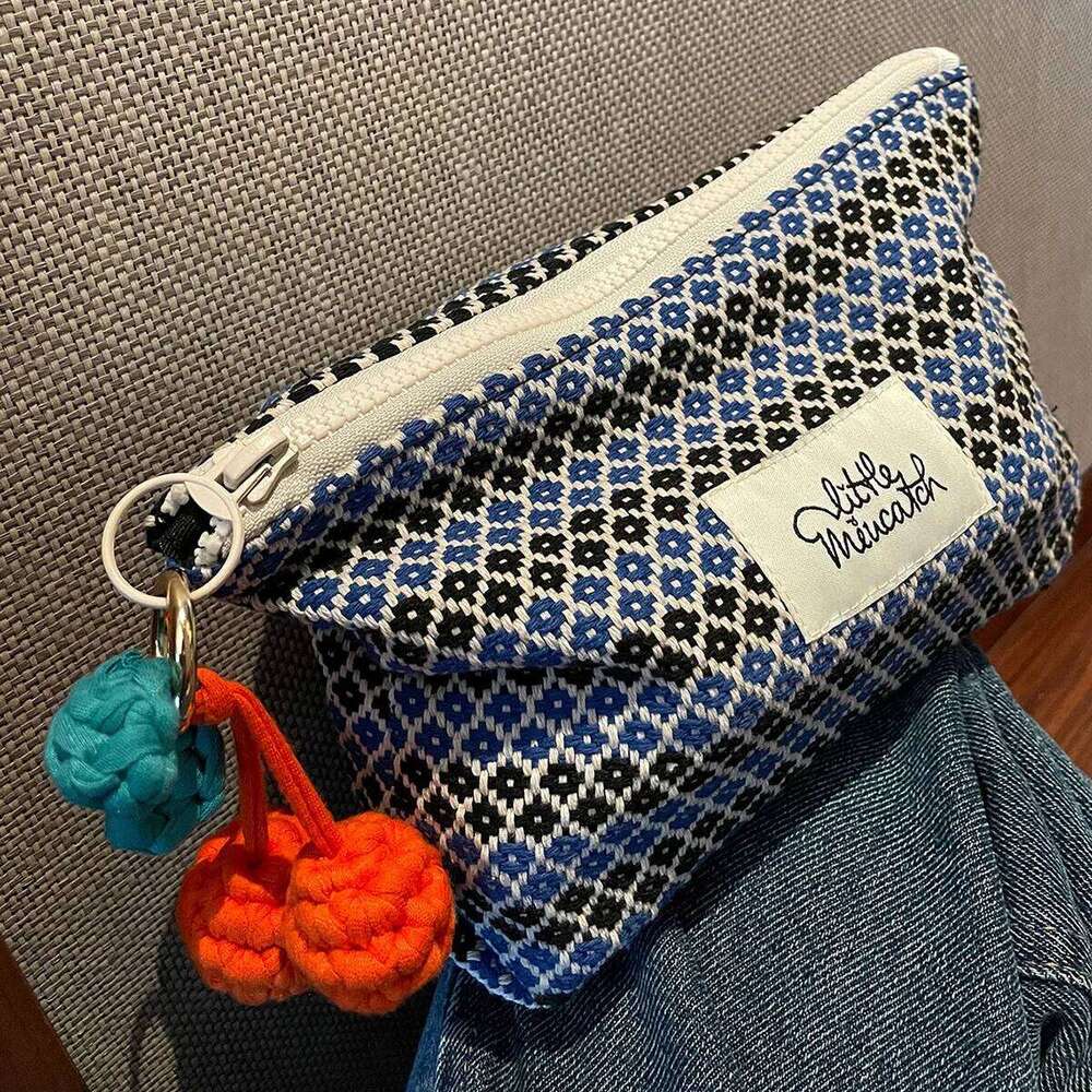 Blue Cherry Hangings Cosmetic Geometric Pattern Make Up Letter Patch Decor Makeup Bag Large Capacity Handbag Y260206