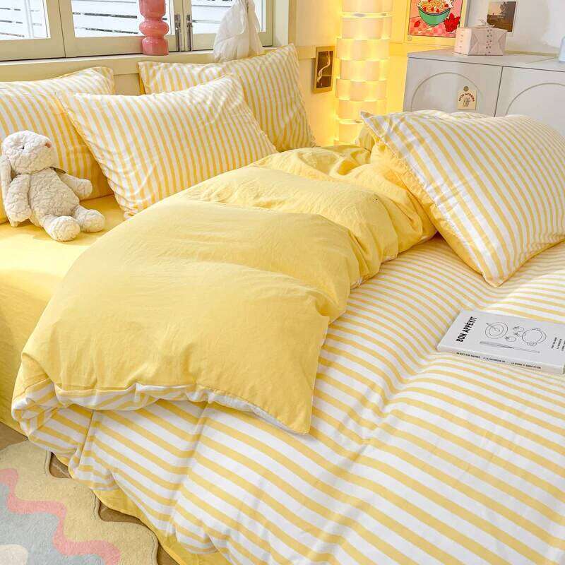 3pcs Yellow Stripe Duvet Modern Geometry Bedding Set Fashion Home Comforter Polyester Quilt Cover with 2 Pillowcases XJ260206