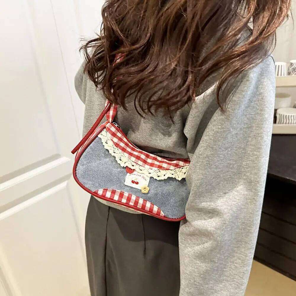 All-match Sweet French Stick Handbag Denim Blue Bow Plaid Shoulder Bag Large Capacity Lace Ribbon Cloth Underarm Bags Daily Z260207 - view 7
