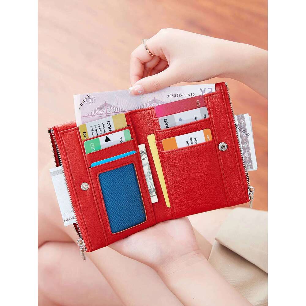 Women's PU leather short double zippered wallet simple solid color large capacity credit card holder bag with coin pocket Y260206