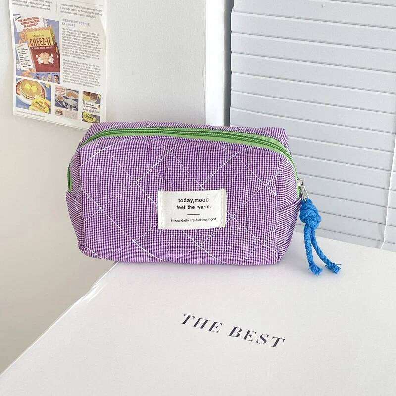 Quilted Plaid Girls Cosmetic Bags Retro Ladies Clutch Pencil Case Coin Purse Portable Travel Female Toiletry Storage Bag Handbag Y260206