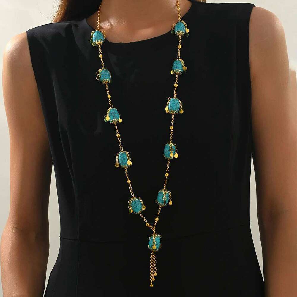 A Blue Oval Pendant Necklace With Ethnic Style Suitable For Formal Banquet Beach Party Or Wedding Dress Yuansiqi