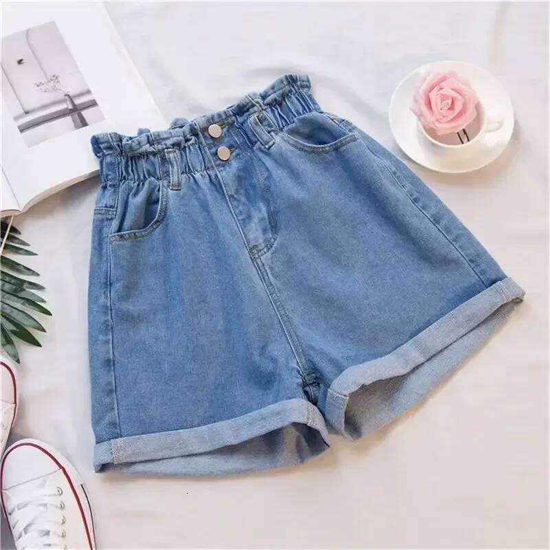 Summer Women's Blue Cotton Denim Shorts Korean Fashion Elastic Waist Loose Casual Wide Leg Female Clothing XJ260206