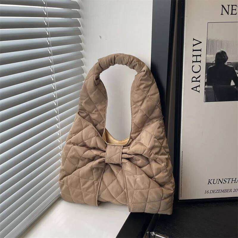 Simple Quilted Design Women's Shoulder Bags Bow Solid Color Ladies Underarm Vest Bag Large Capacity Female Casual Tote Handbags Y260205