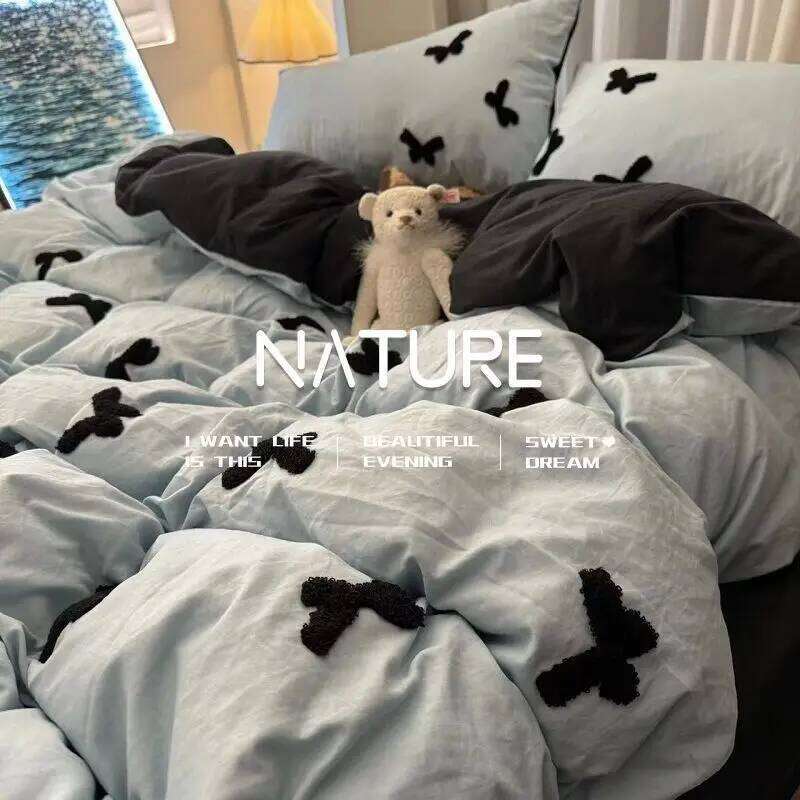 Light Luxury New Blue Bow Quilt Cover Washed Embroidered Sheet Sour-Piece Set Bedding Dormitory Bed Girls Soft and Warm XJ260206