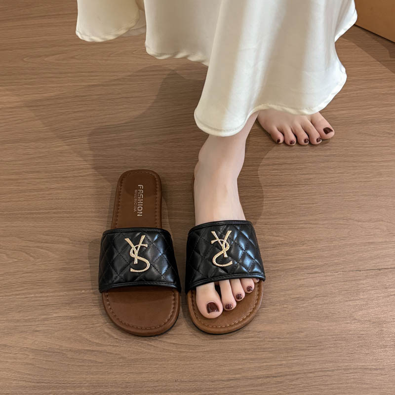 Women Casual Flat Slide Sandals Black Quilted Design with Gold Decor Lightweight Summer Mules Free shipping Fashionable