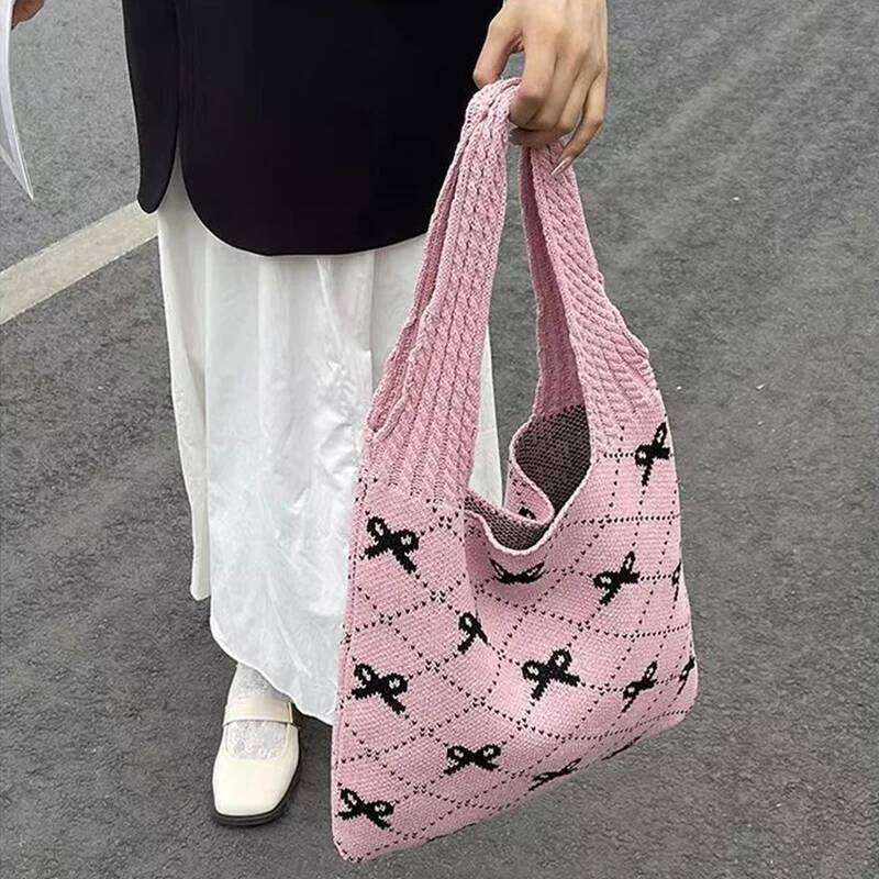 Designer Beach Shoulder Women Crochet Tote Large Capacity Bow Pattern Knitted Shopping Bag Traveling Handbag Y260204