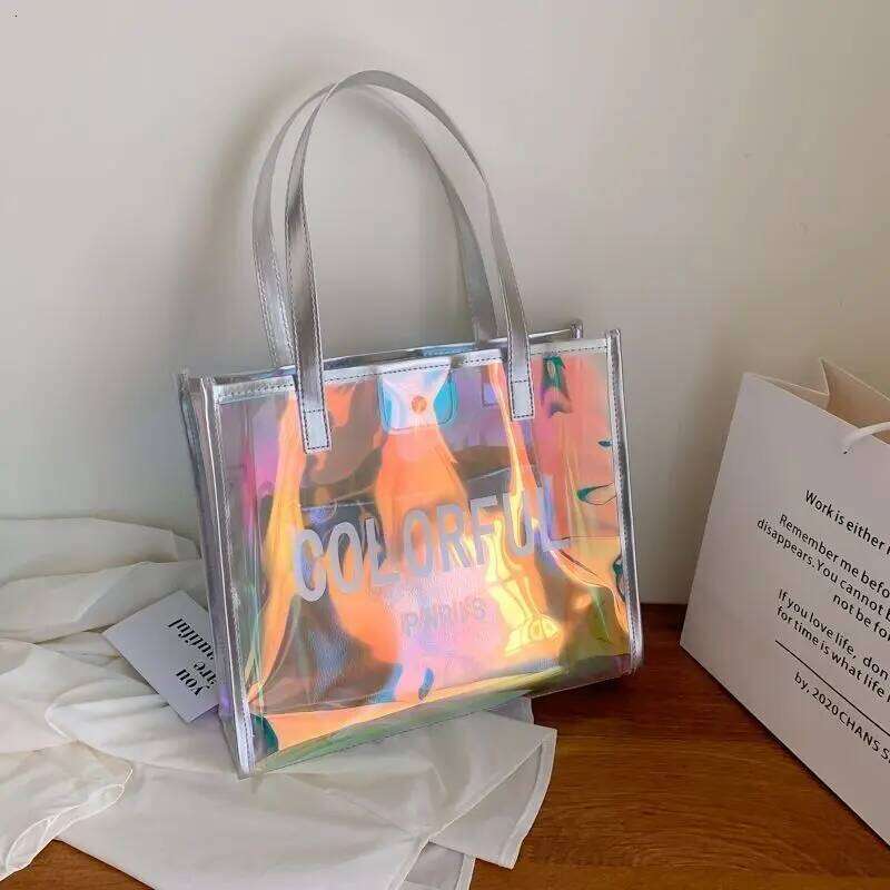 Women's Jelly Tote Waterproof Transparent PVC Laser Summer Trend Beach Large Capacity Shoulder Bag Y260204