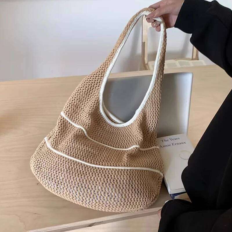Trendy Bohemian Knitted Shoulder Hollowed Out Sweet Crochet Tote Large Capacity Spacious Sundries Storage Bag Vacation Y260204