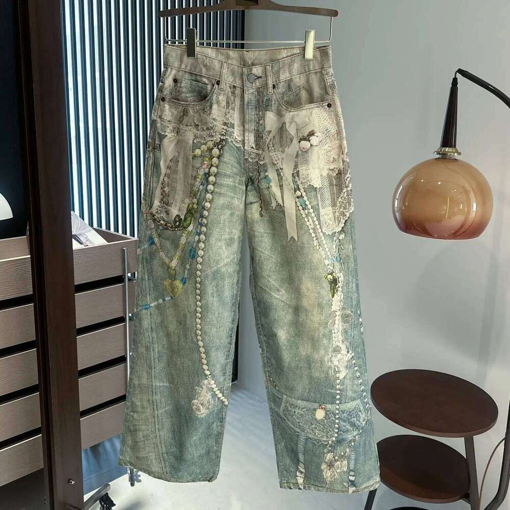 25SS lace pearl chain trompe l'oeil 3D printed 1981 straight leg jeans for men and women ropa hombre X260207