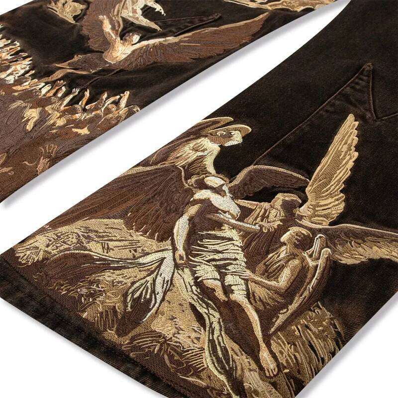 American Vintage Splicing Heavens Eclipse Pattern Seams Embroidery Y2K Gothic Men Women Hip Hop Fashion Street Style Jeans X260207