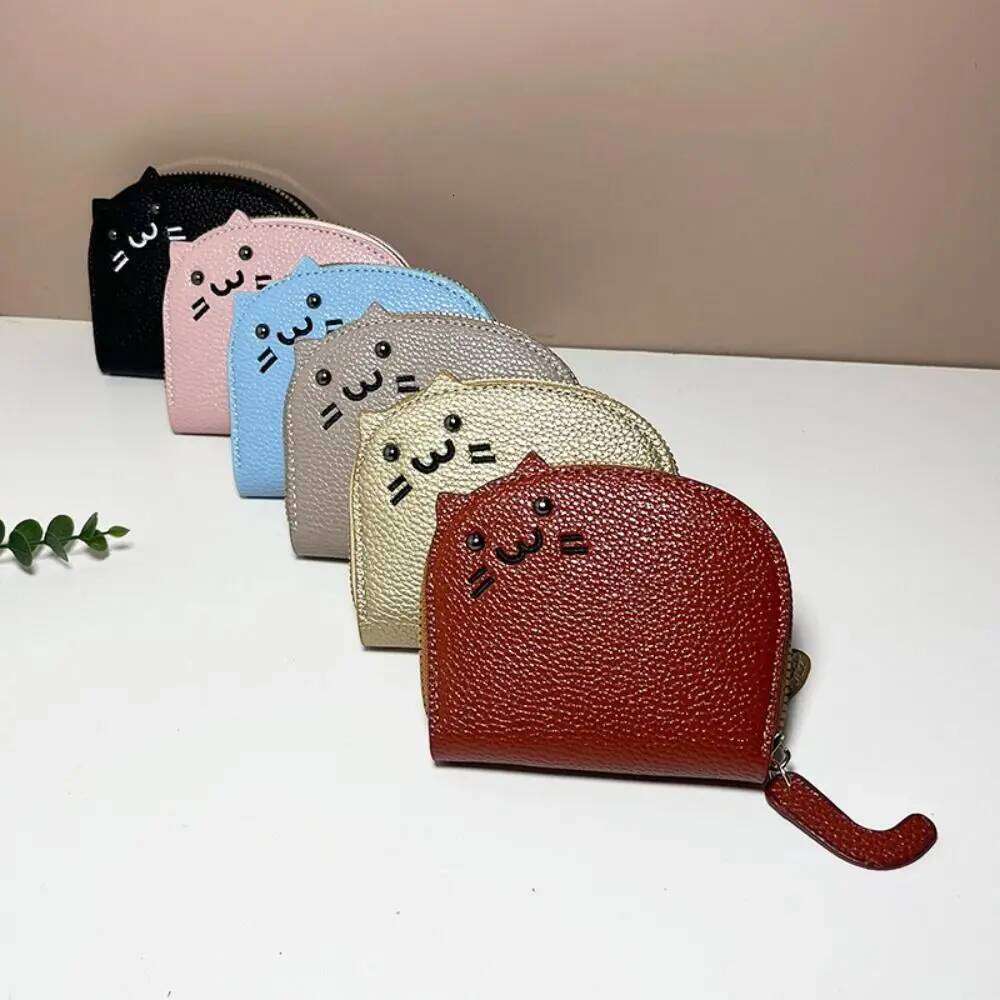Cartoon Cat Mini Women PU Leather Card Holder Ultra-thin Cute Zipper Wallet Fashion Simple Small Coin Purse Y260206