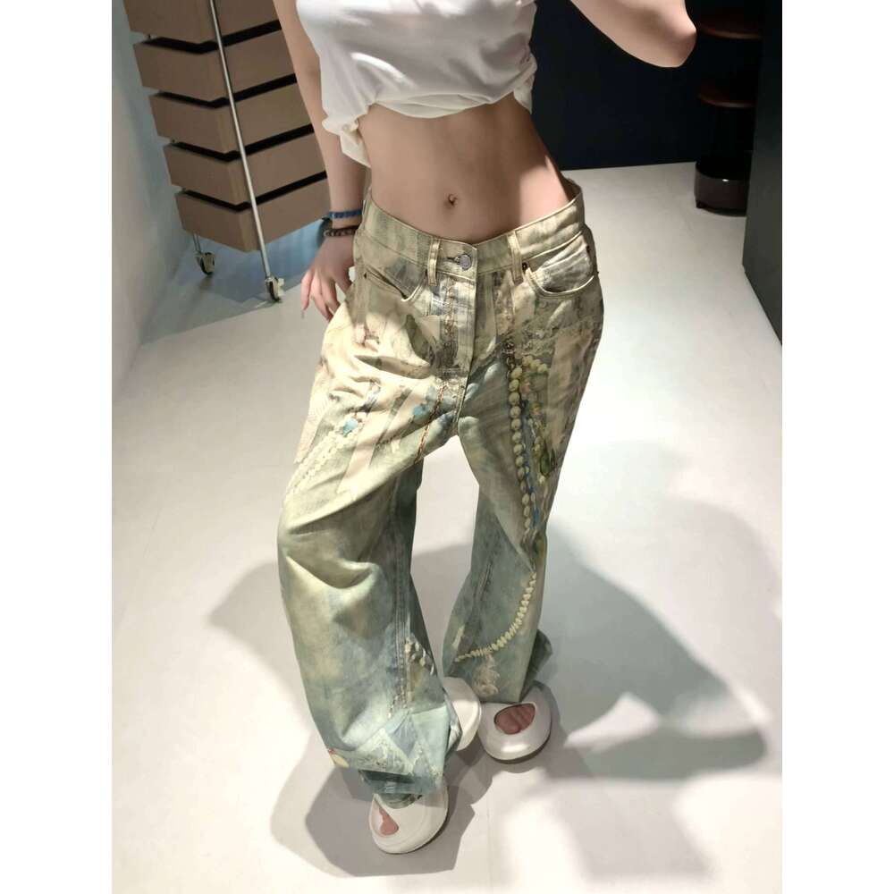 25SS lace pearl chain trompe l'oeil 3D printed 1981 straight leg jeans for men and women ropa hombre X260207