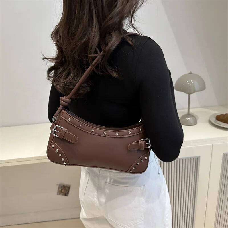 Fashion Rivet Women's Shoulder Bags Vintage Ladies Underarm Bag Soft Pu Leather Female Portable Handbags Small Clutch Purse Y260205