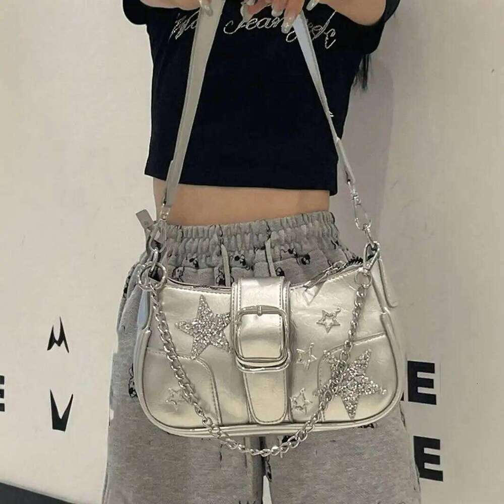 Women's Y2k Star Embroidery Shoulder Mini Chain Hobos Sweet Cool Girls Vintage Handbag Coquette Underarm Motorcycle Bag Y260205