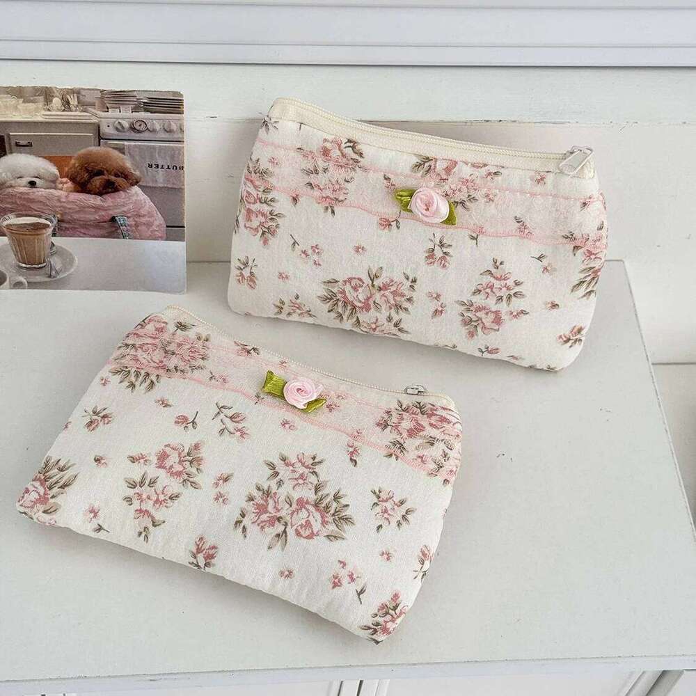 Pink Flower Women Small Makeup Bag Travel Organizer Cosmetic Coins Handbag Pouch Gilrs Cute Bow Square Zipper Wallet Bags Y260206
