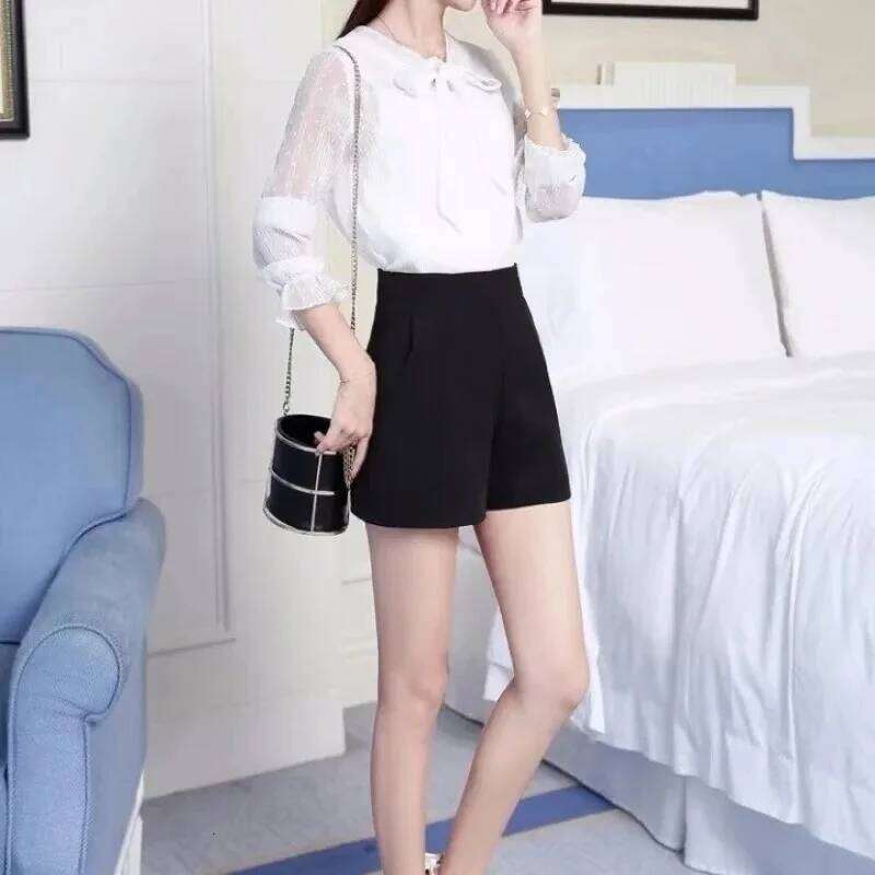 Women Spring Summer Casual High Waist A-line Loose Wide Leg Chic Lady Black White Suit Shorts XJ260206