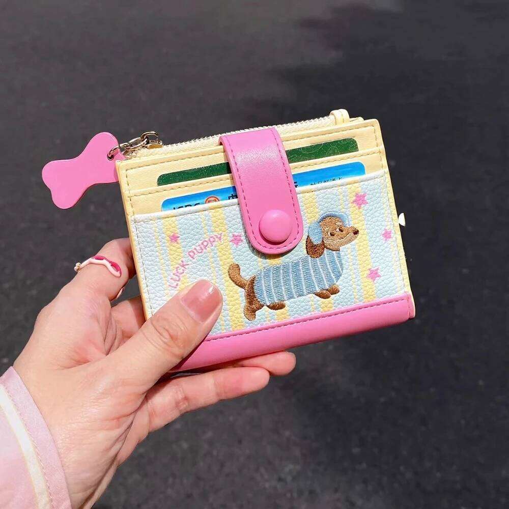 Casual Korean Style Embroidery Sausage Dog Wallet Purse Cartoon Coin Pouch Ultra Thin PU Leather Card Holder Y260206