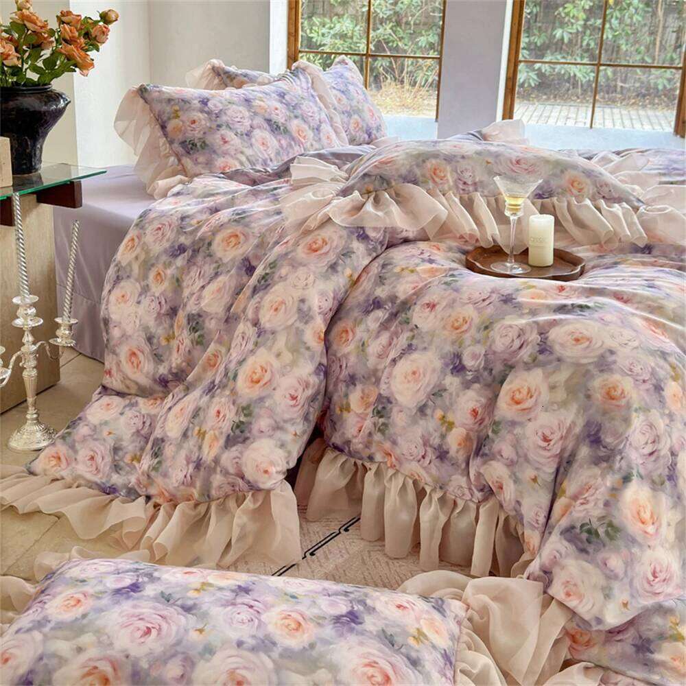 Pink Flower Bedding Soft Luxury Bedroom Decor Comforter Ruffles Duvet Cover Pillowcase Bed Sheet Cotton Four Pieces Set XJ260206