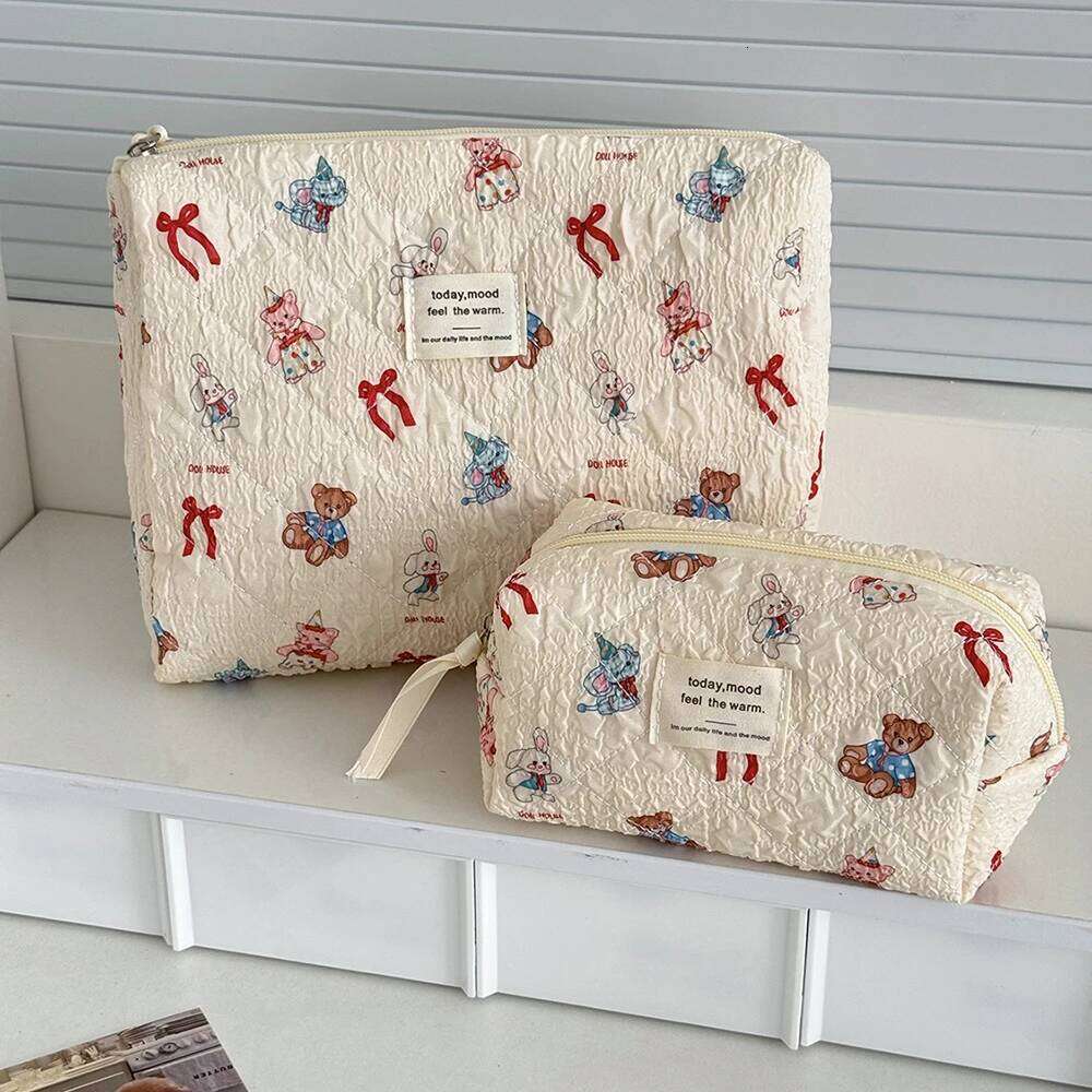 Kawaii Cartoon Animals Women Quilted Large Capacity Cosmetic Toiletry Organizer Pouch 3 Type Ladies Zipper Makeup Bag Y260206