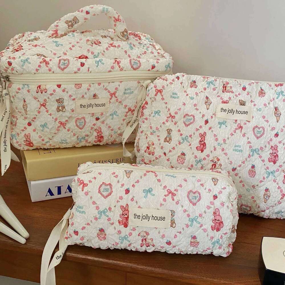 3pcs Quilted Cute Makeup Bag Set Travel Cosmetic Organizer with Handle for Toiletry Beauty Essentials Multiple Patterns Y260206