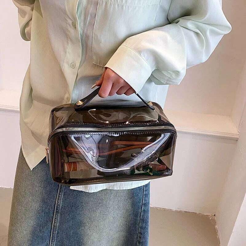 Transparent Tote Pillow Cosmetic Large Capacity Women Travel Cosmetics Toilet Storage Washbag Clear Makeup Zipper Bag Y260206