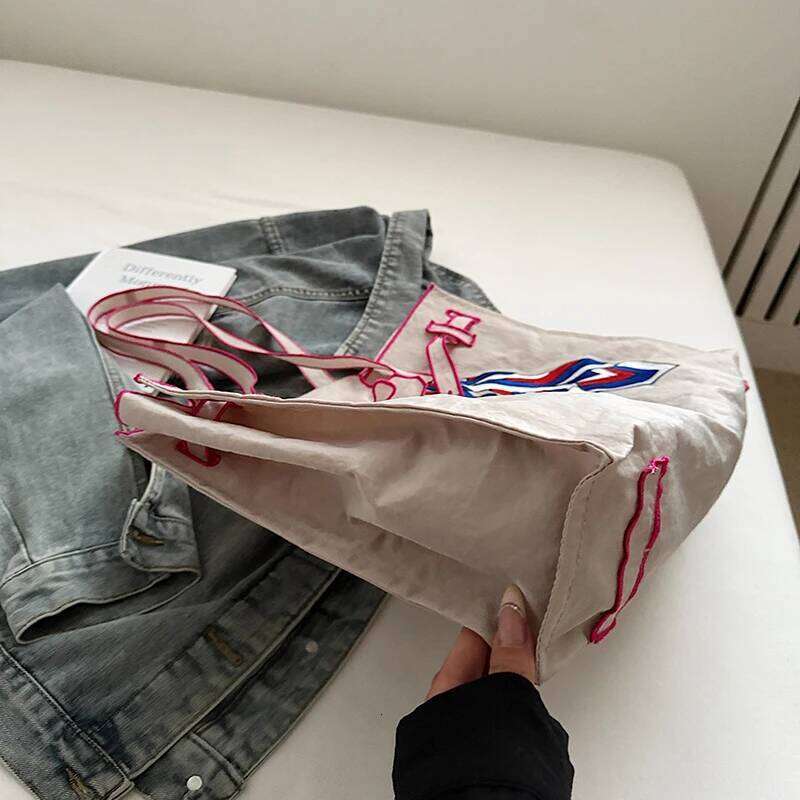 Japanese Nylon Silk Scarf Embroider Tote Large Capacity Fashion Shoulder Bag for School Work Shopping Retro Handbag 2025 NEW Y260205